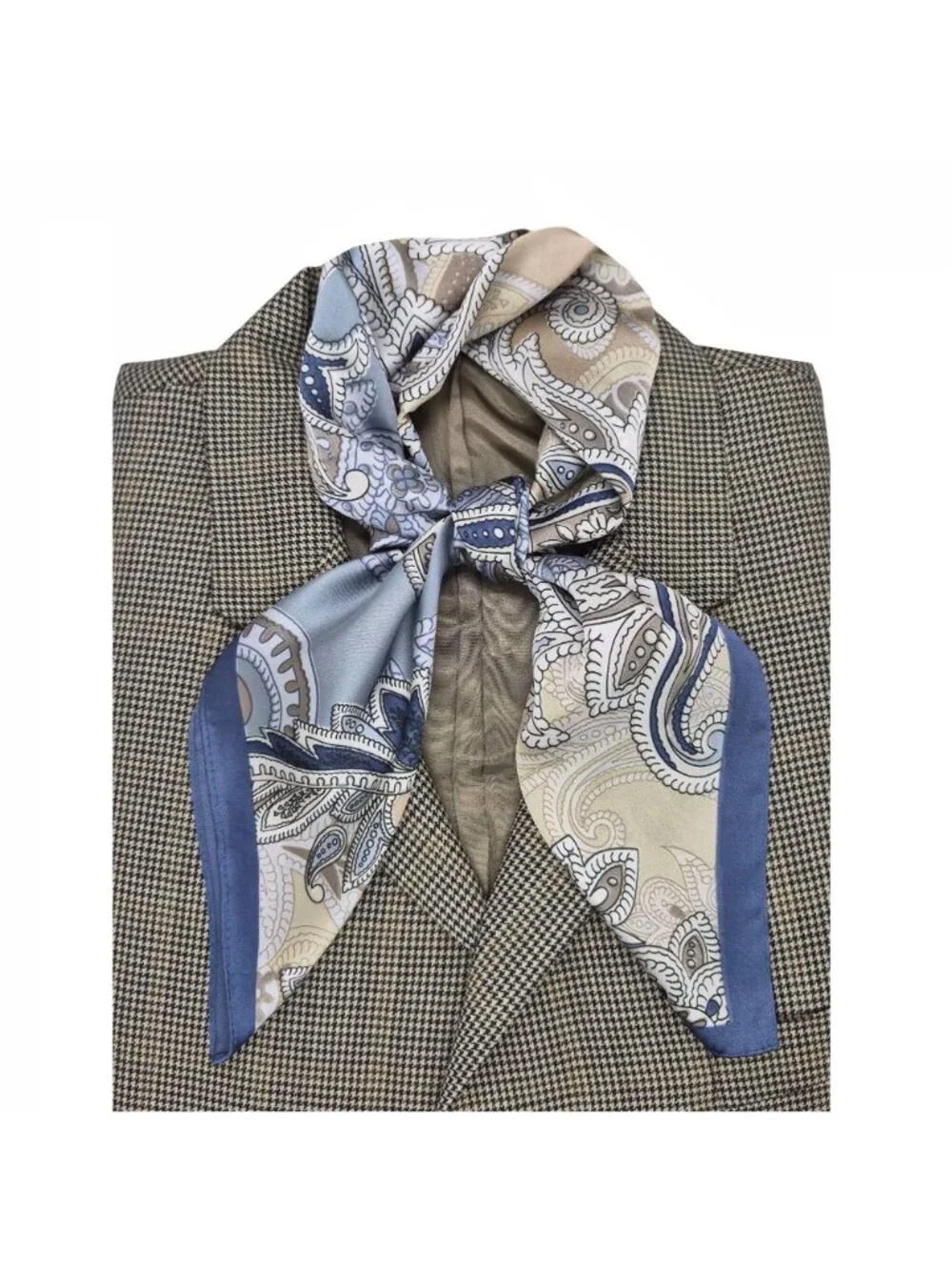 ✨Luxury Elegant Silky Square Scarf Navy Blue Silver Gray Tan Paisley Print Wrap✨
